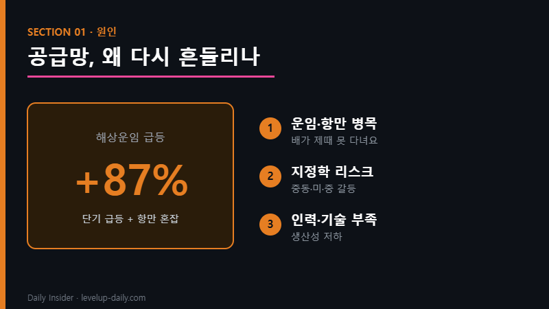 글로벌 공급망 위기 원인 — 운임 지정학 인력