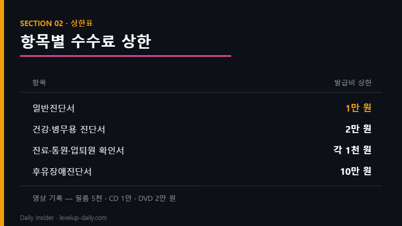 진단서 발급 비용 항목별 수수료 상한표