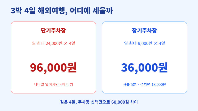 인천공항 단기 vs 장기 주차 3박4일 비용 비교 — 96,000원 대 36,000원