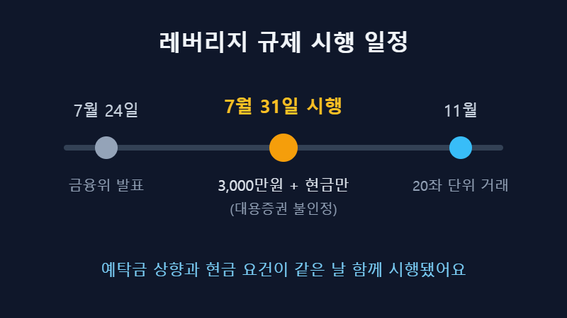레버리지 규제 시행 일정 타임라인 — 7월 24일 발표, 7월 31일 시행, 11월 20좌